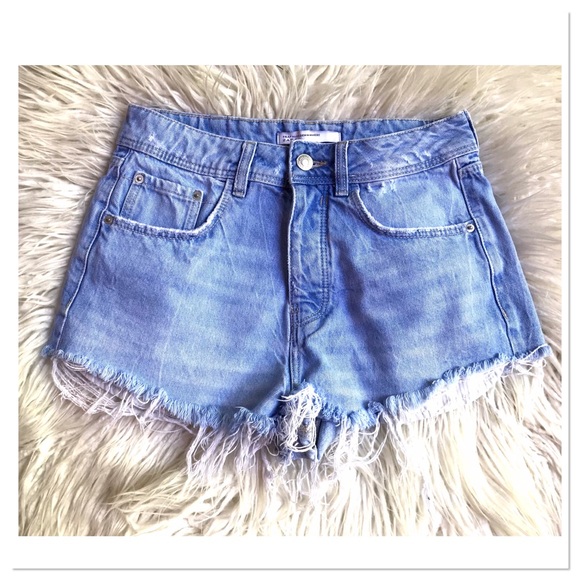 Zara Pants - Zara Trafaluc Jean Shorts Light Blue Distressed Button Fly High Waisted Size 2
